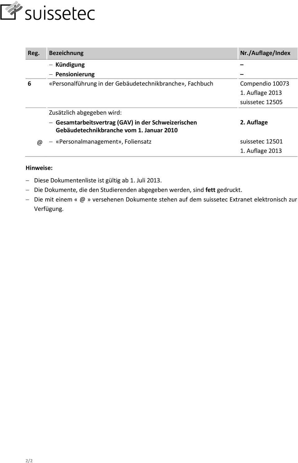Auflage @ «Personalmanagement», Foliensatz suissetec 12501 1. Auflage 2013 Hinweise: Diese Dokumentenliste ist gültig ab 1. Juli 2013.