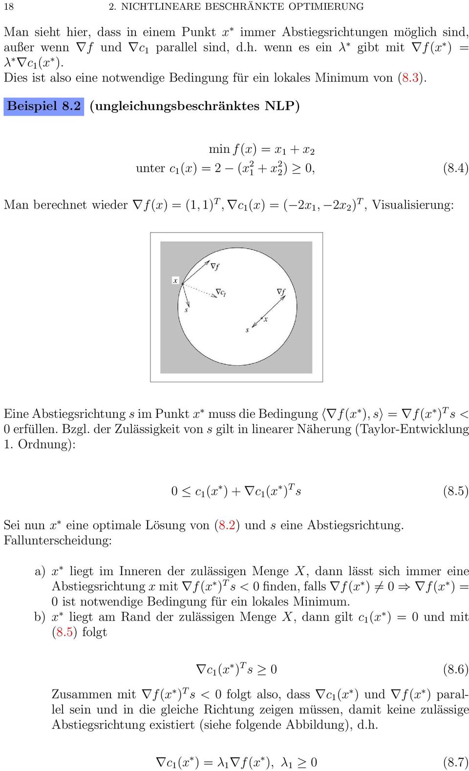 4) Man berechnet wieder f(x) = (1, 1) T, c 1 (x) = ( 2x 1, 2x 2 ) T, Visualisierung: Eine Abstiegsrichtung s im Punkt x muss die Bedingung f(x ), s = f(x ) T s < 0 erfüllen. Bzgl.