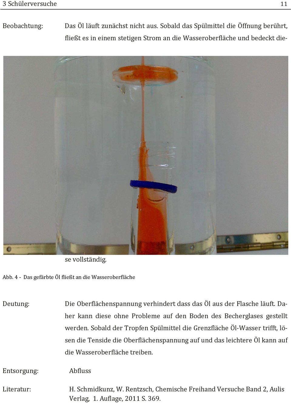 4 - Das gefärbte Öl fließt an die Wasseroberfläche Deutung: Entsorgung: Literatur: Die Oberflächenspannung verhindert dass das Öl aus der Flasche läuft.