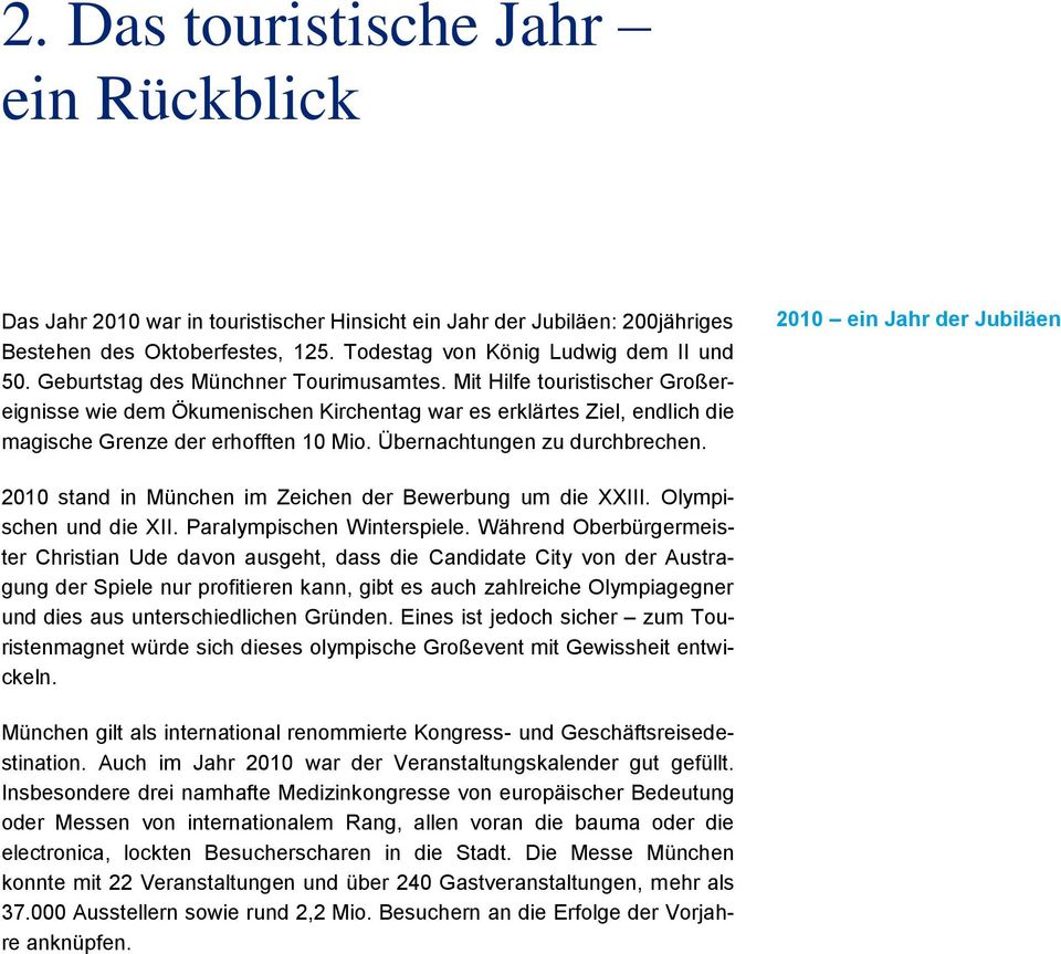 Übernachtungen zu durchbrechen. 2010 ein Jahr der Jubiläen 2010 stand in München im Zeichen der Bewerbung um die XXIII. Olympischen und die XII. Paralympischen Winterspiele.