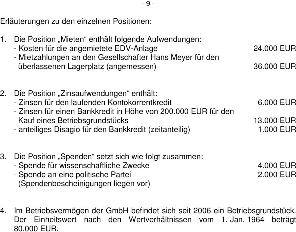 Die Position Zinsaufwendungen enthält: - Zinsen für den laufenden Kontokorrentkredit 6.000 EUR - Zinsen für einen Bankkredit in Höhe von 200.000 EUR für den Kauf eines Betriebsgrundstücks 13.