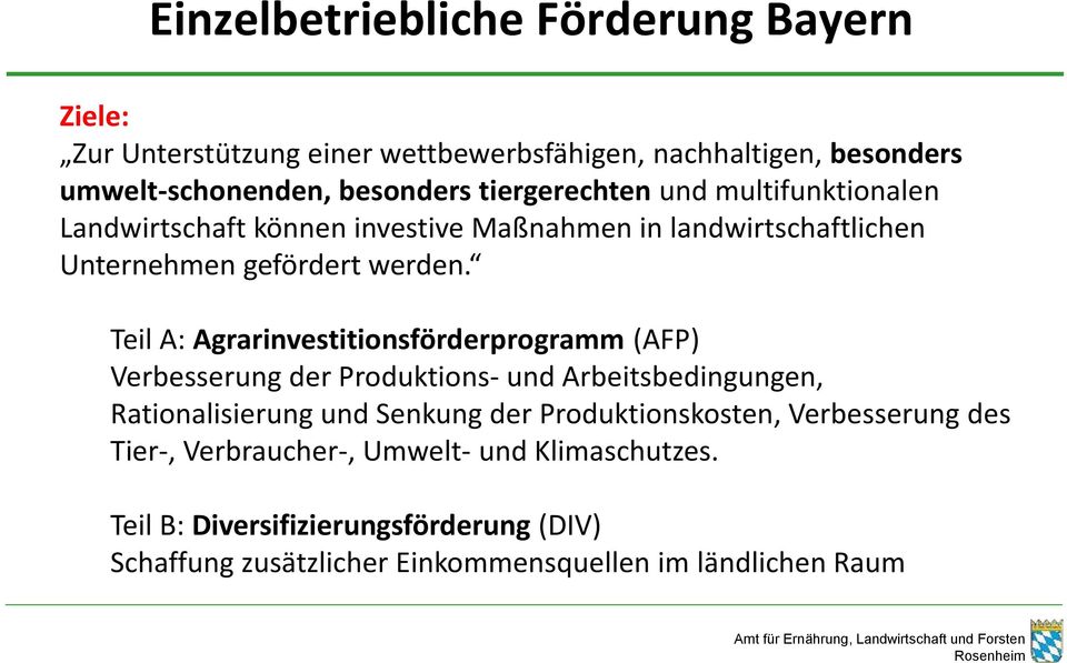 Teil A: Agrarinvestitionsförderprogramm (AFP) Verbesserung der Produktions- und Arbeitsbedingungen, Rationalisierung und Senkung der