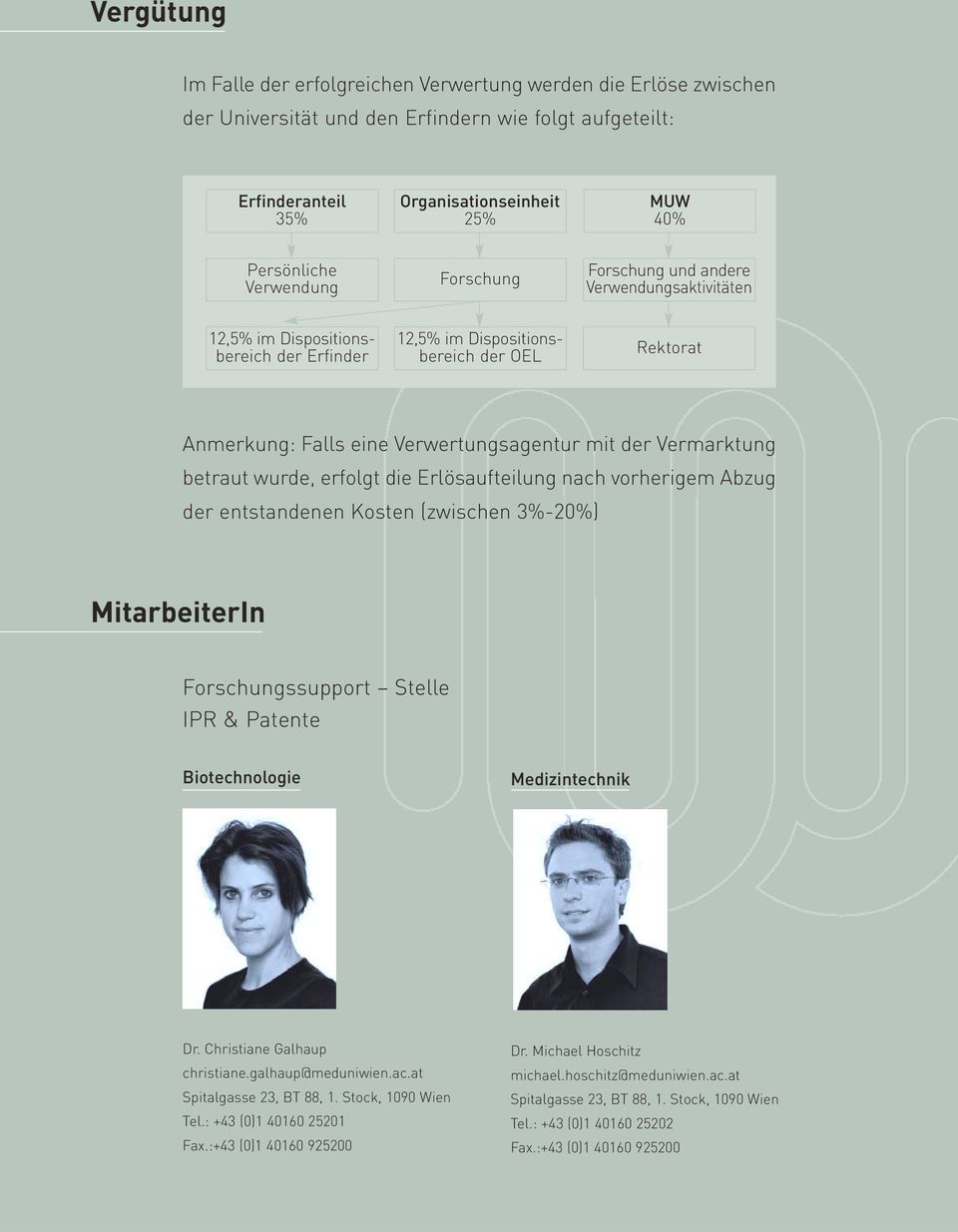 der Vermarktung betraut wurde, erfolgt die Erlösaufteilung nach vorherigem Abzug der entstandenen Kosten (zwischen 3%-20%) MitarbeiterIn Forschungssupport Stelle IPR & Patente Biotechnologie