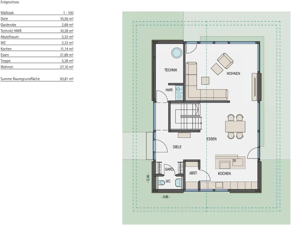 2,33 m² WC 2,33 m² Kochen 11,14 m² Essen 21,89 m²