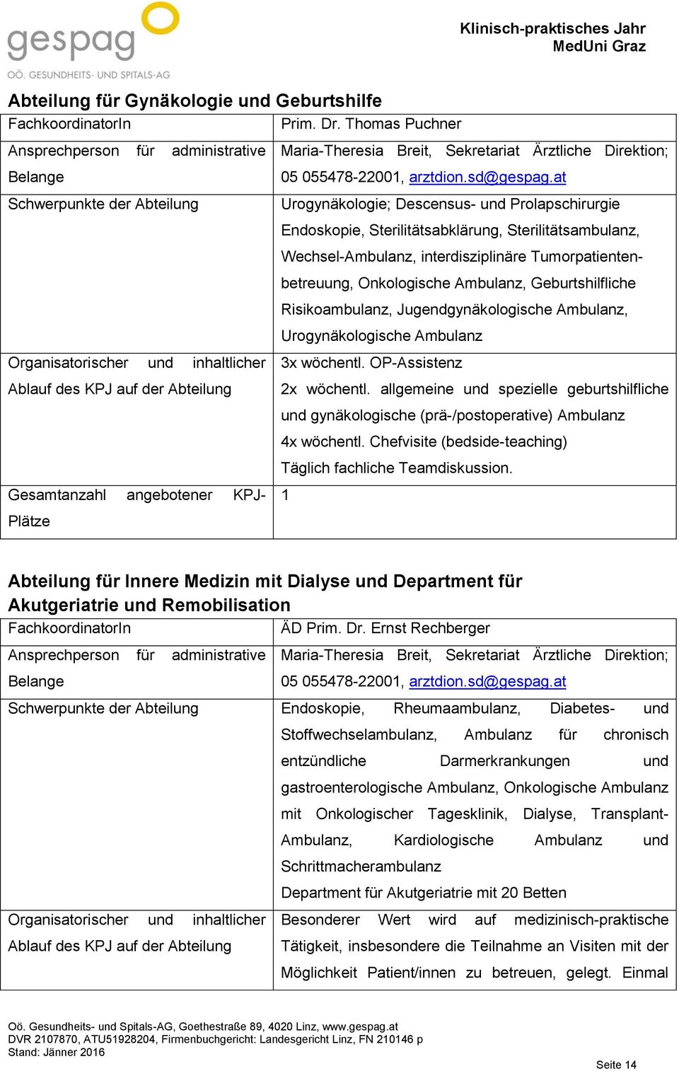 Geburtshilfliche Risikoambulanz, Jugendgynäkologische Ambulanz, Urogynäkologische Ambulanz 3x wöchentl. OP-Assistenz 2x wöchentl.