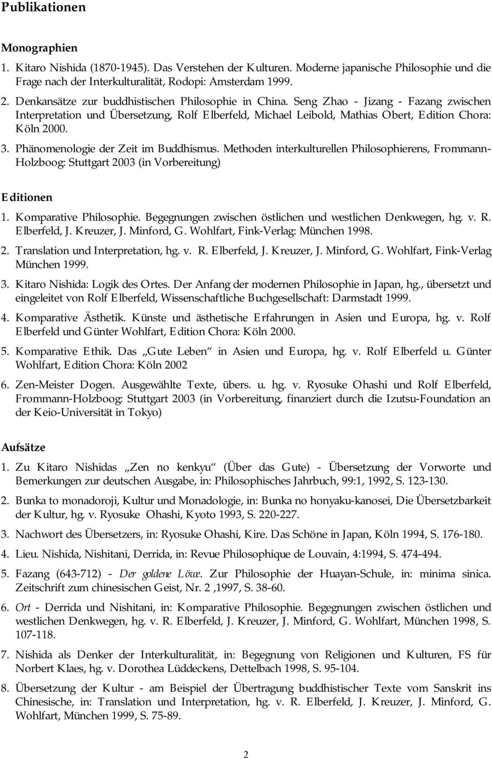 Phänomenologie der Zeit im Buddhismus. Methoden interkulturellen Philosophierens, Frommann- Holzboog: Stuttgart 2003 (in Vorbereitung) Editionen 1. Komparative Philosophie.