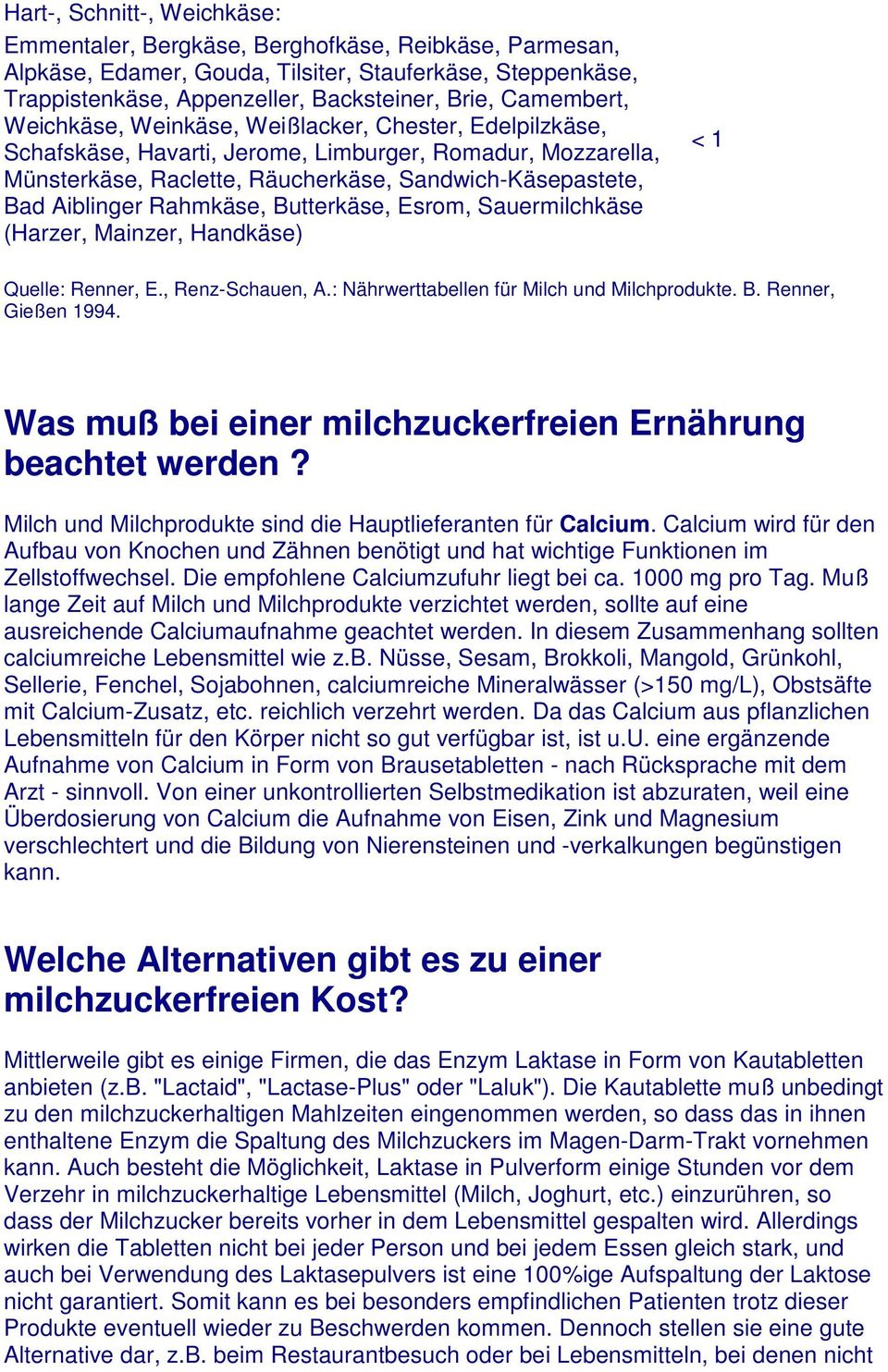 Rahmkäse, Butterkäse, Esrom, Sauermilchkäse (Harzer, Mainzer, Handkäse) < 1 Quelle: Renner, E., Renz-Schauen, A.: Nährwerttabellen für Milch und Milchprodukte. B. Renner, Gießen 1994.
