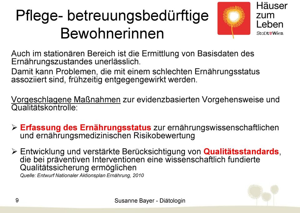 Vorgeschlagene Maßnahmen zur evidenzbasierten Vorgehensweise und Qualitätskontrolle: Erfassung des Ernährungsstatus zur ernährungswissenschaftlichen und