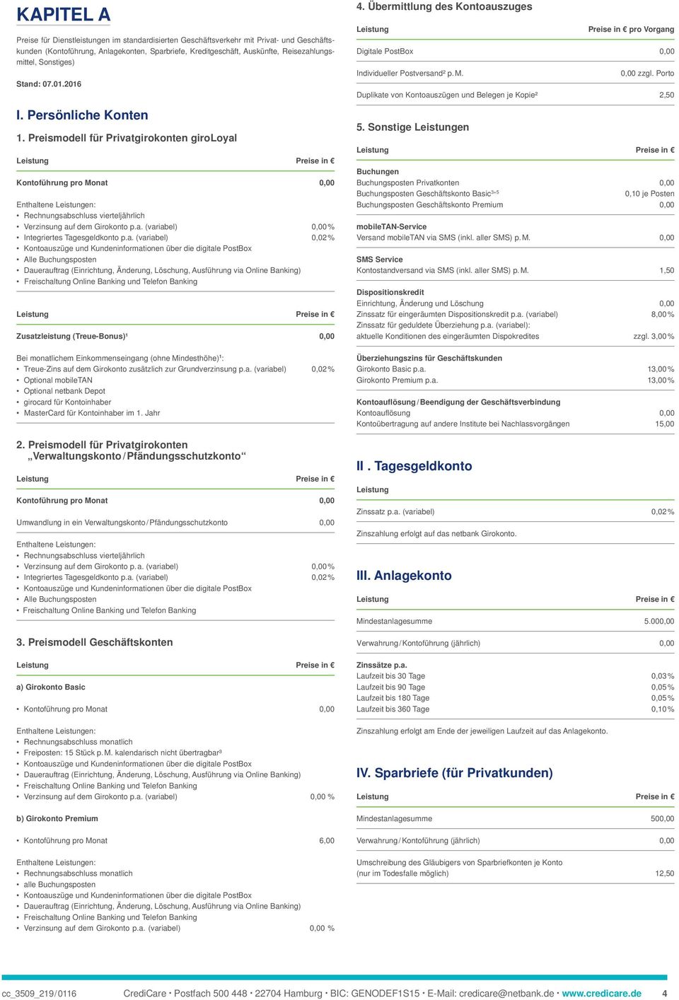 Preismodell für Privatgirokonten giroloyal Kontoführung pro Monat 0,00 Enthaltene Leistungen: Rechnungsabschluss vierteljährlich Verzinsung auf dem Girokonto p.a. (variabel) 0,00 % Integriertes Tagesgeldkonto p.