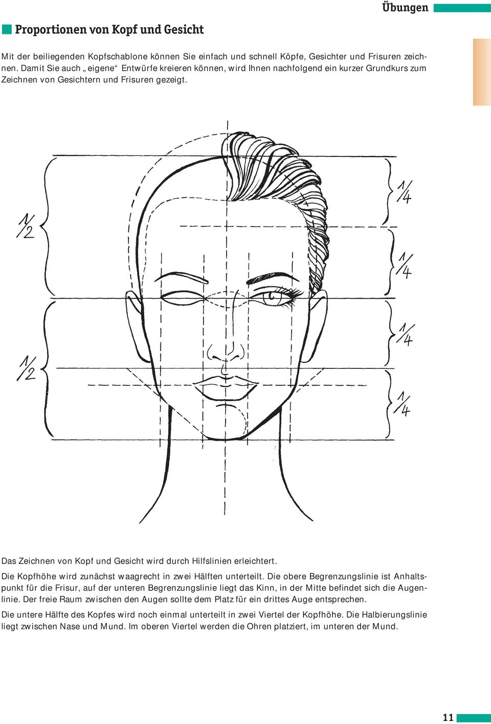 Das Zeichnen von Kopf und Gesicht wird durch Hilfslinien erleichtert. Die Kopfhöhe wird zunächst waagrecht in zwei Hälften unterteilt.