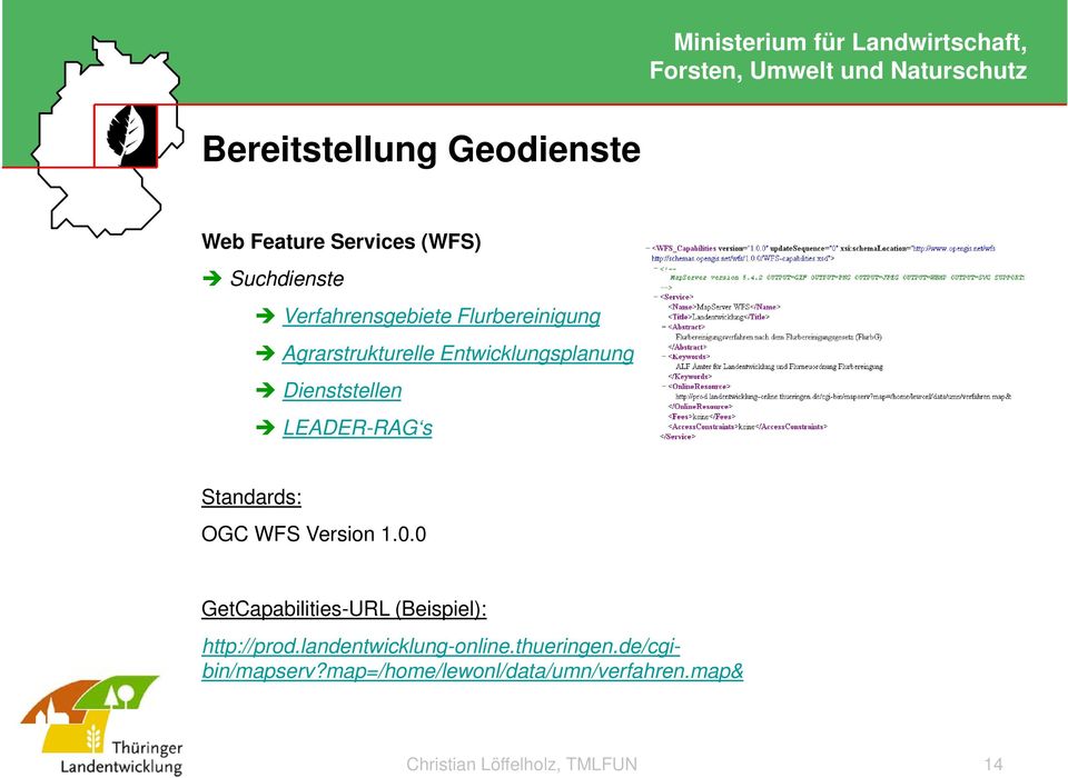 OGC WFS Version 1.0.0 0 GetCapabilities-URL (Beispiel): http://prod.landentwicklung-online.