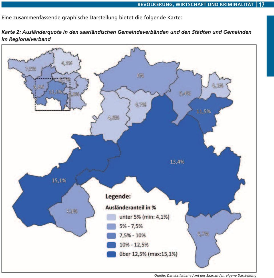 Ausländerquote in den saarländischen Gemeindeverbänden und den Städten