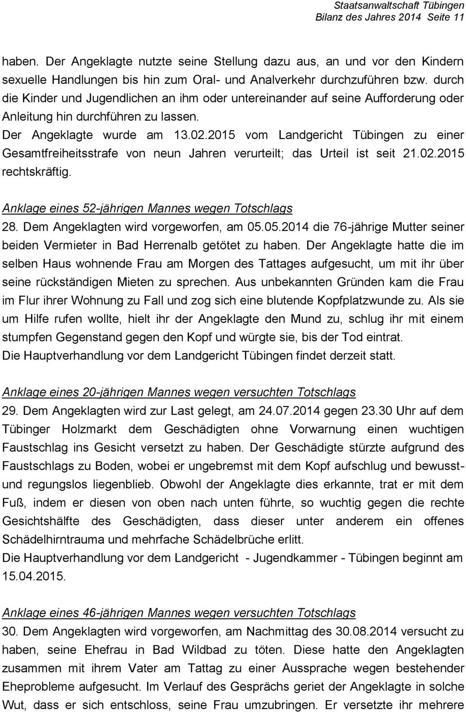2015 vom Landgericht Tübingen zu einer Gesamtfreiheitsstrafe von neun Jahren verurteilt; das Urteil ist seit 21.02.2015 rechtskräftig. Anklage eines 52-jährigen Mannes wegen Totschlags 28.