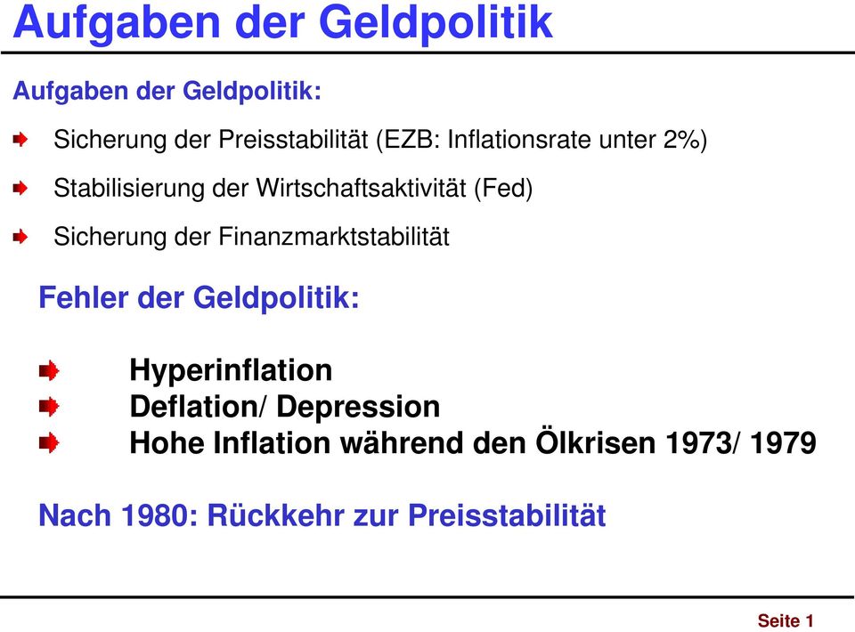 Finanzmarktstabilität Fehler der Geldpolitik: Hyperinflation Deflation/ Depression Hohe