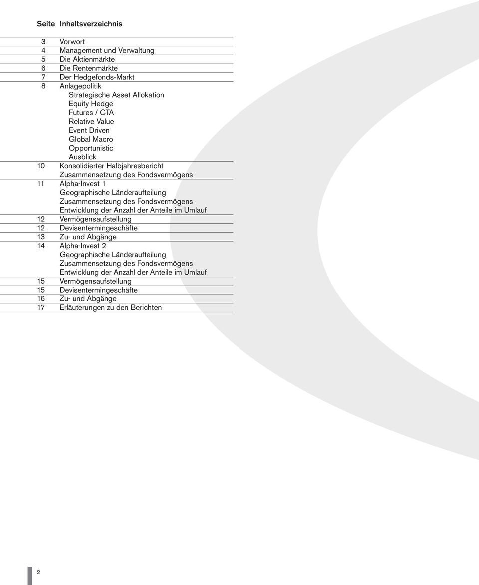 Zusammensetzung des Fondsvermögens Entwicklung der Anzahl der Anteile im Umlauf 12 Vermögensaufstellung 12 Devisentermingeschäfte 13 Zu- und Abgänge 14 Alpha-Invest 2 Geographische