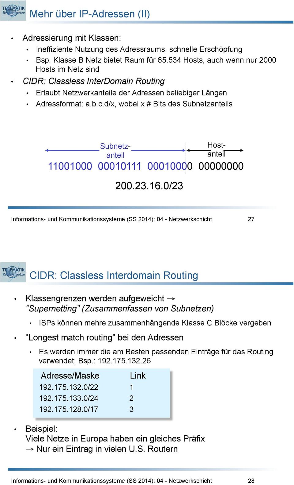 .6.0/ 7 CIDR: Classless Interdomain Routing Klassengrenzen werden aufgeweicht Supernetting (Zusammenfassen von Subnetzen) ISPs können mehre zusammenhängende Klasse C Blöcke vergeben Longest match