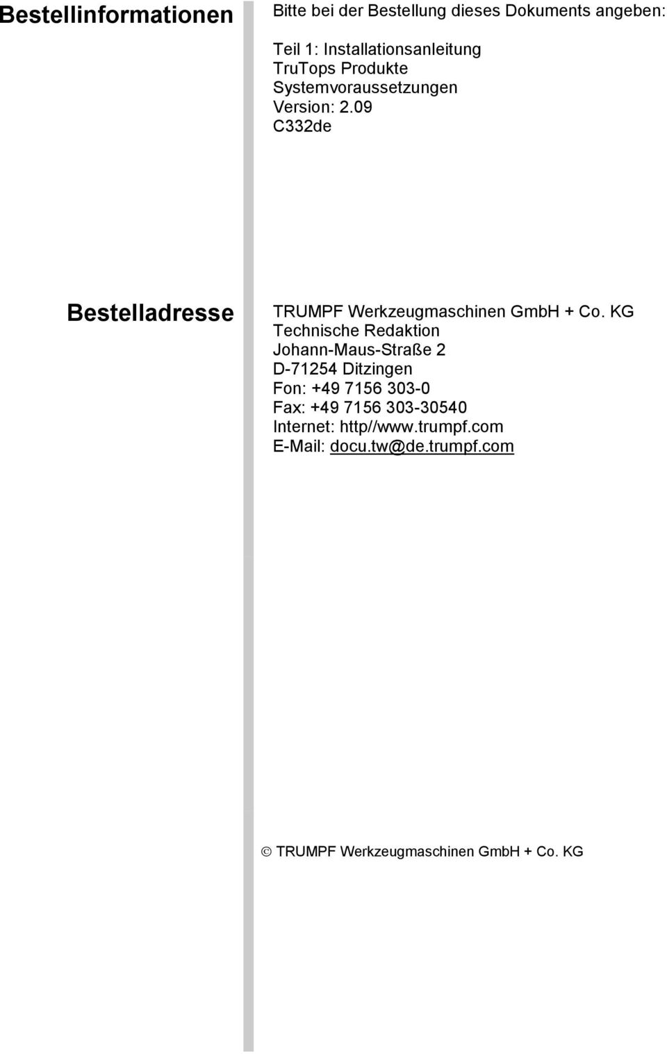 09 C332de Bestelladresse TRUMPF Werkzeugmaschinen GmbH + Co.