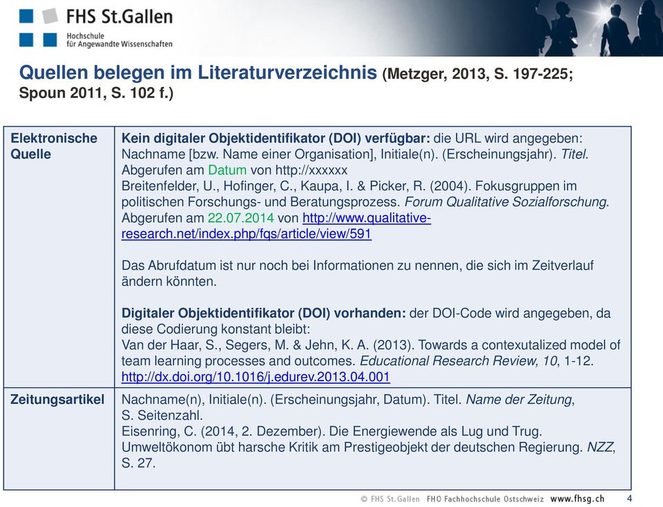 Abgerufen am Datum von http://xxxxxx Breitenfelder, U., Hofinger, C., Kaupa, I. & Picker, R. (2004). Fokusgruppen im politischen Forschungs- und Beratungsprozess. Forum Qualitative Sozialforschung.