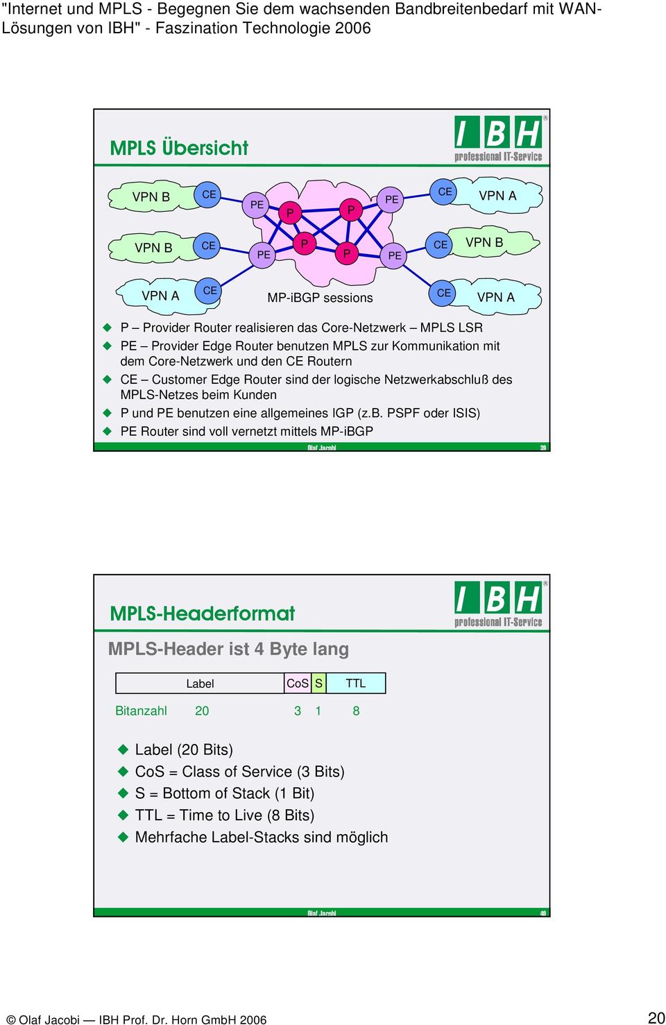PE benutzen eine allgemeines IGP (z.b. PSPF oder ISIS) PE Router sind voll vernetzt mittels MP-iBGP 39 MPLS-Headerformat MPLS-Header ist 4 Byte lang Label CoS S TTL Bitanzahl 20