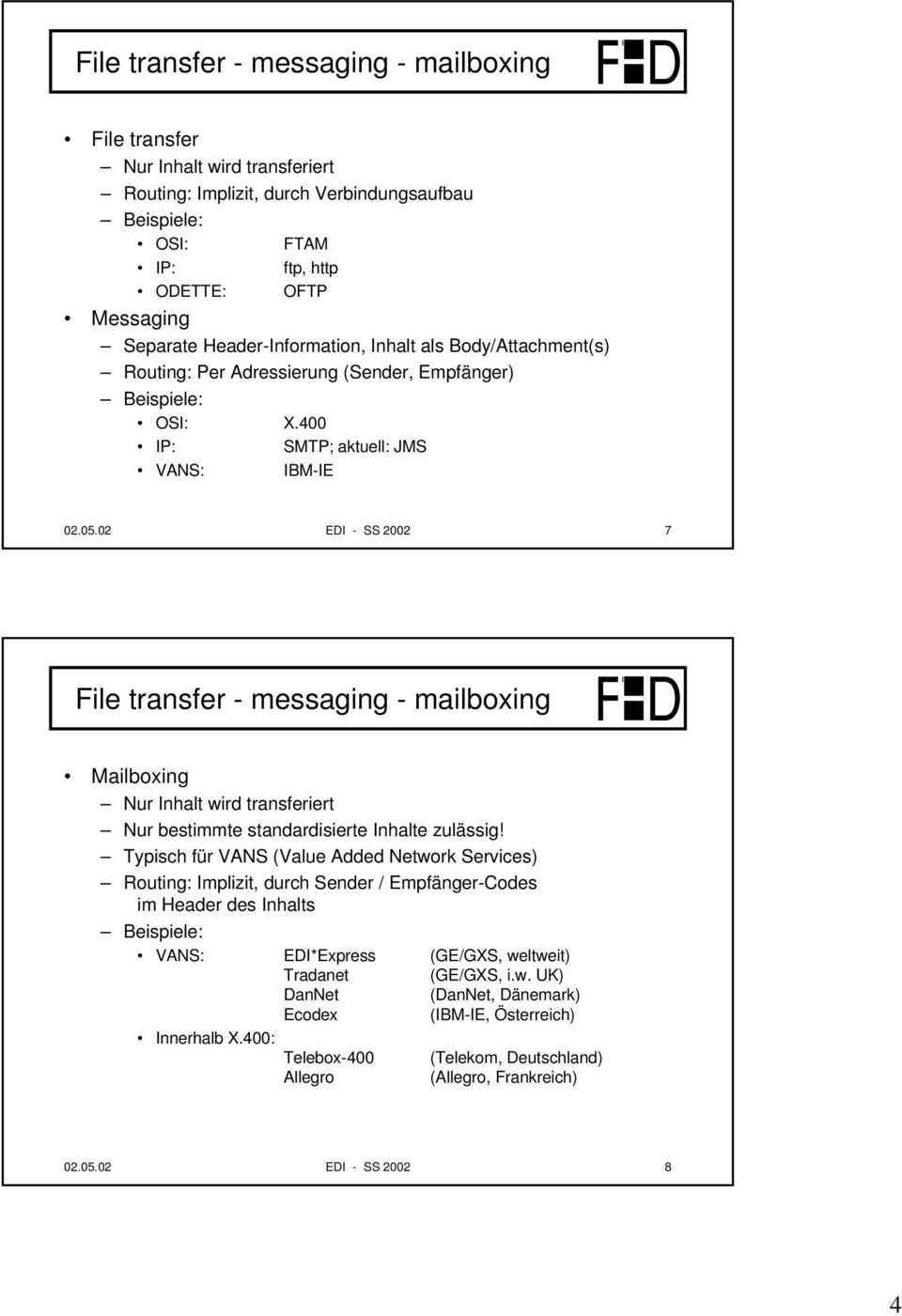 02 EDI - SS 2002 7 File transfer - messaging - mailboxing Mailboxing Nur Inhalt wird transferiert Nur bestimmte standardisierte Inhalte zulässig!
