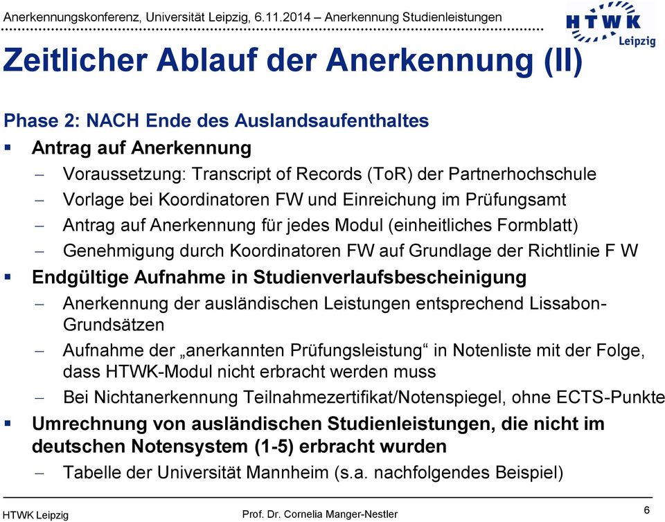 Studienverlaufsbescheinigung Anerkennung der ausländischen Leistungen entsprechend Lissabon- Grundsätzen Aufnahme der anerkannten Prüfungsleistung in Notenliste mit der Folge, dass HTWK-Modul nicht