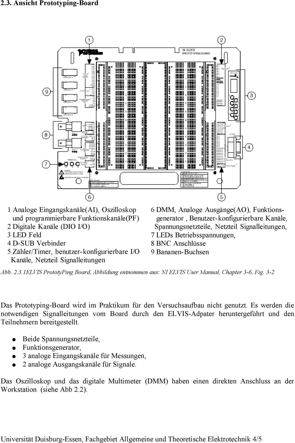 Betriebsspannungen, 8 BNC Anschlüsse 9 Bananen-Buchsen Abb. 2.3.1ELVIS PrototyPing Board, Abbildung entnommen aus: NI ELVIS User Manual, Chapter 3-6, Fig.