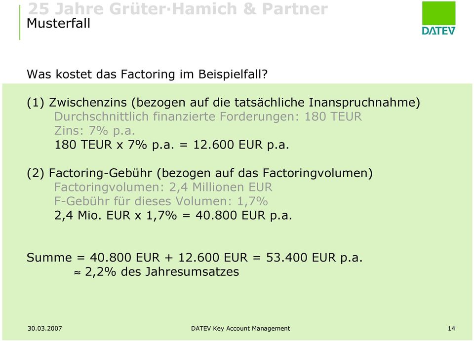 p.a. 180 TEUR x 7% p.a. = 12.600 EUR p.a. (2) Factoring-Gebühr (bezogen auf das Factoringvolumen) Factoringvolumen: 2,4