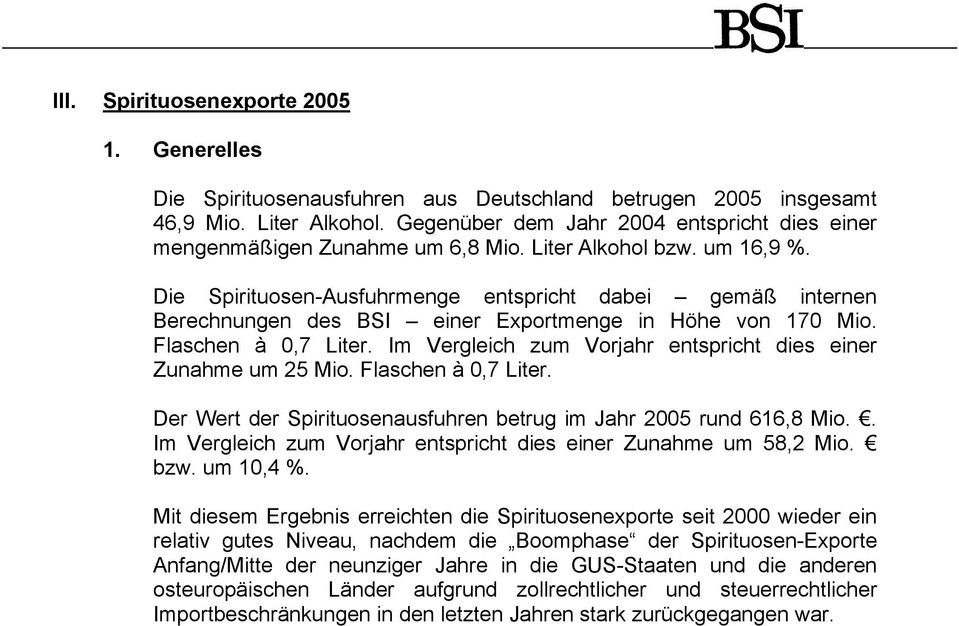 Die Spirituosen-Ausfuhrmenge entspricht dabei gemäß internen Berechnungen des BSI einer Exportmenge in Höhe von 170 Mio. Flaschen à 0,7 Liter.