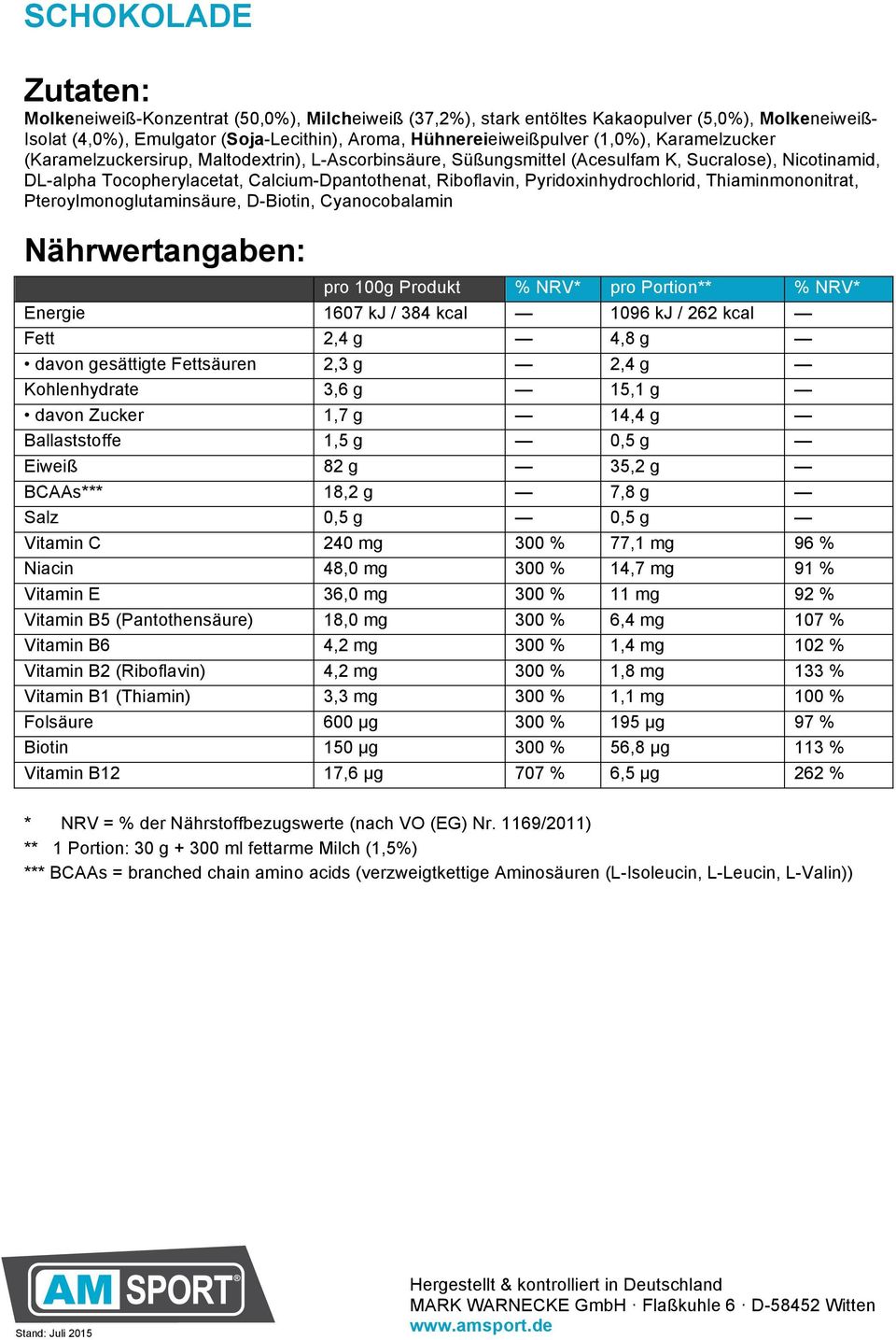 Riboflavin, Pyridoxinhydrochlorid, Thiaminmononitrat, Pteroylmonoglutaminsäure, D-Biotin, Cyanocobalamin Energie 1607 kj / 384 kcal 1096 kj / 262 kcal Fett 2,4 g 4,8 g davon gesättigte