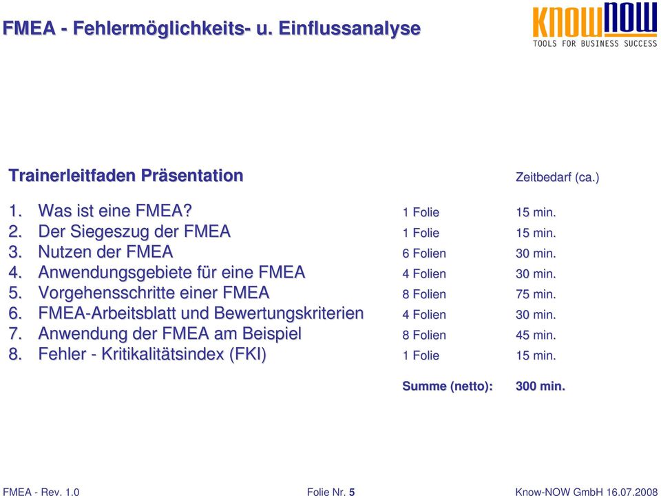 FMEA-Arbeitsblatt Arbeitsblatt und Bewertungskriterien 7. Anwendung der FMEA am Beispiel 8.