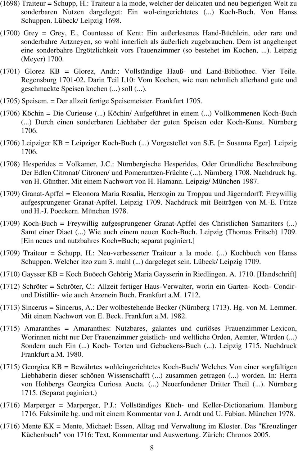 Dem ist angehenget eine sonderbahre Ergötzlichkeit vors Frauenzimmer (so bestehet im Kochen,...). Leipzig (Meyer) 1700. (1701) Glorez KB = Glorez, Andr.: Vollständige Hauß- und Land-Bibliothec.