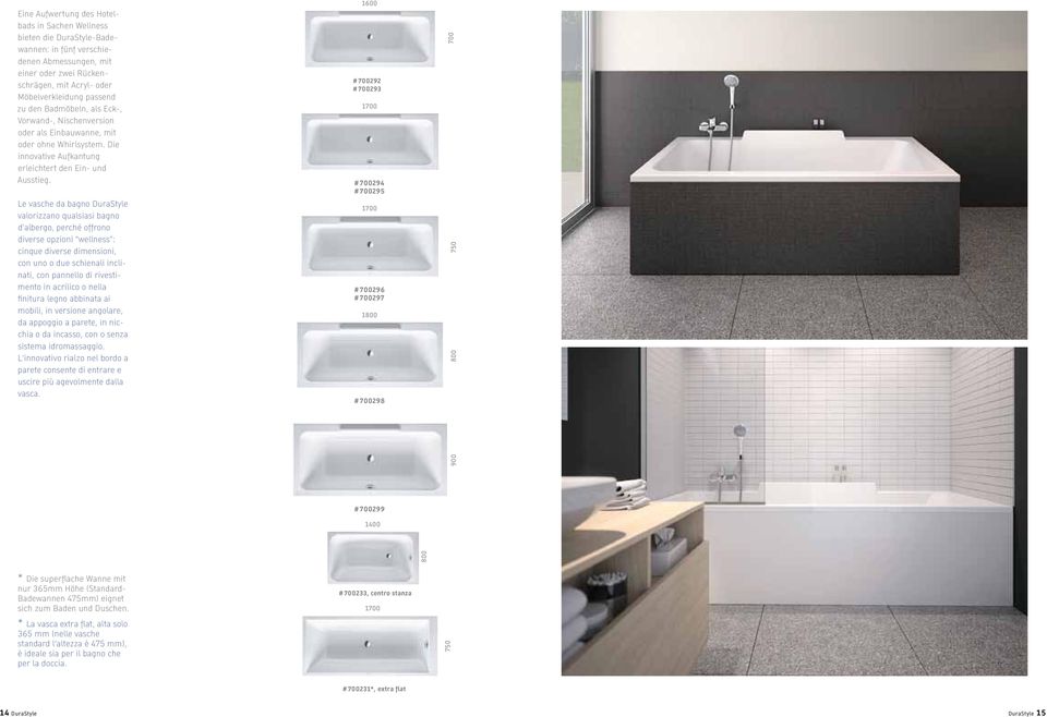 Le vasche da bagno DuraStyle valorizzano qualsiasi bagno d albergo, perché offrono diverse opzioni wellness : cinque diverse dimensioni, con uno o due schienali inclinati, con pannello di