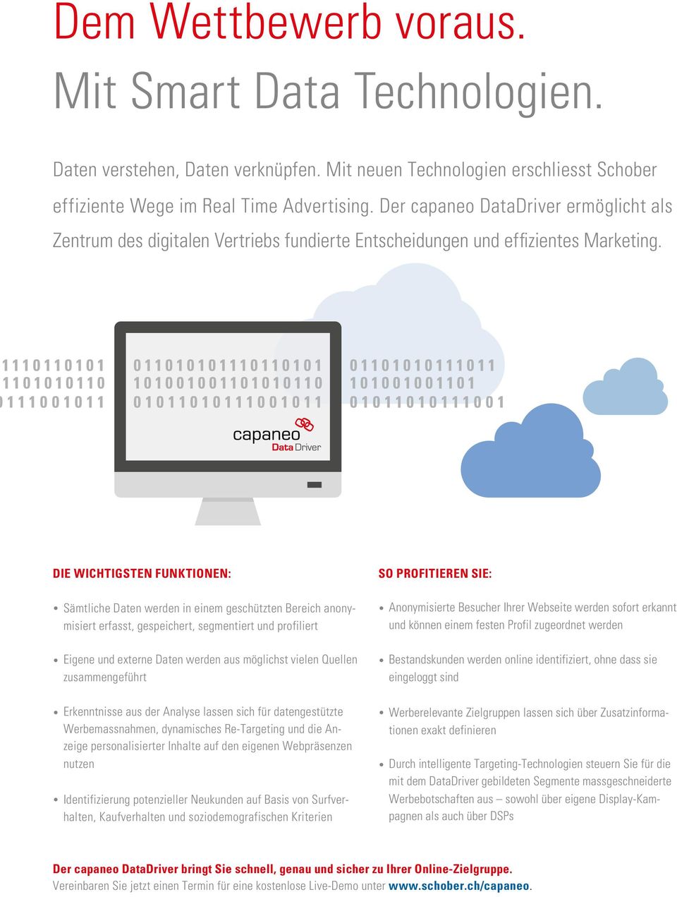 DIE WICHTIGSTEN FUNKTIONEN: Sämtliche Daten werden in einem geschützten Bereich anonymisiert erfasst, gespeichert, segmentiert und profiliert Eigene und externe Daten werden aus möglichst vielen