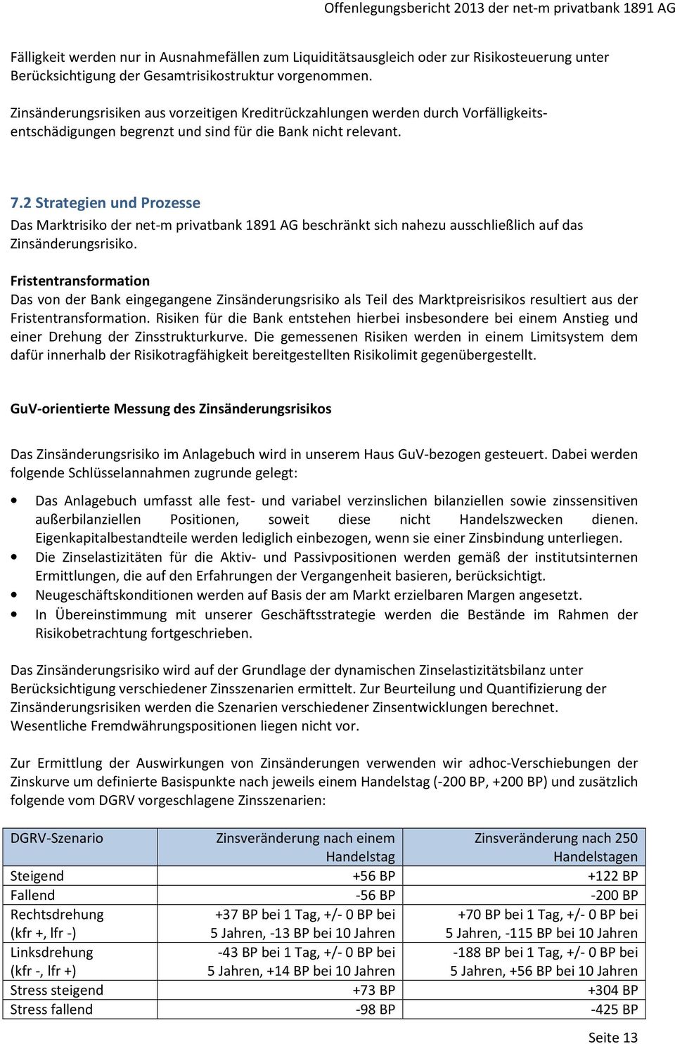 2 Strategien und Prozesse Das Marktrisiko der net-m privatbank 1891 AG beschränkt sich nahezu ausschließlich auf das Zinsänderungsrisiko.