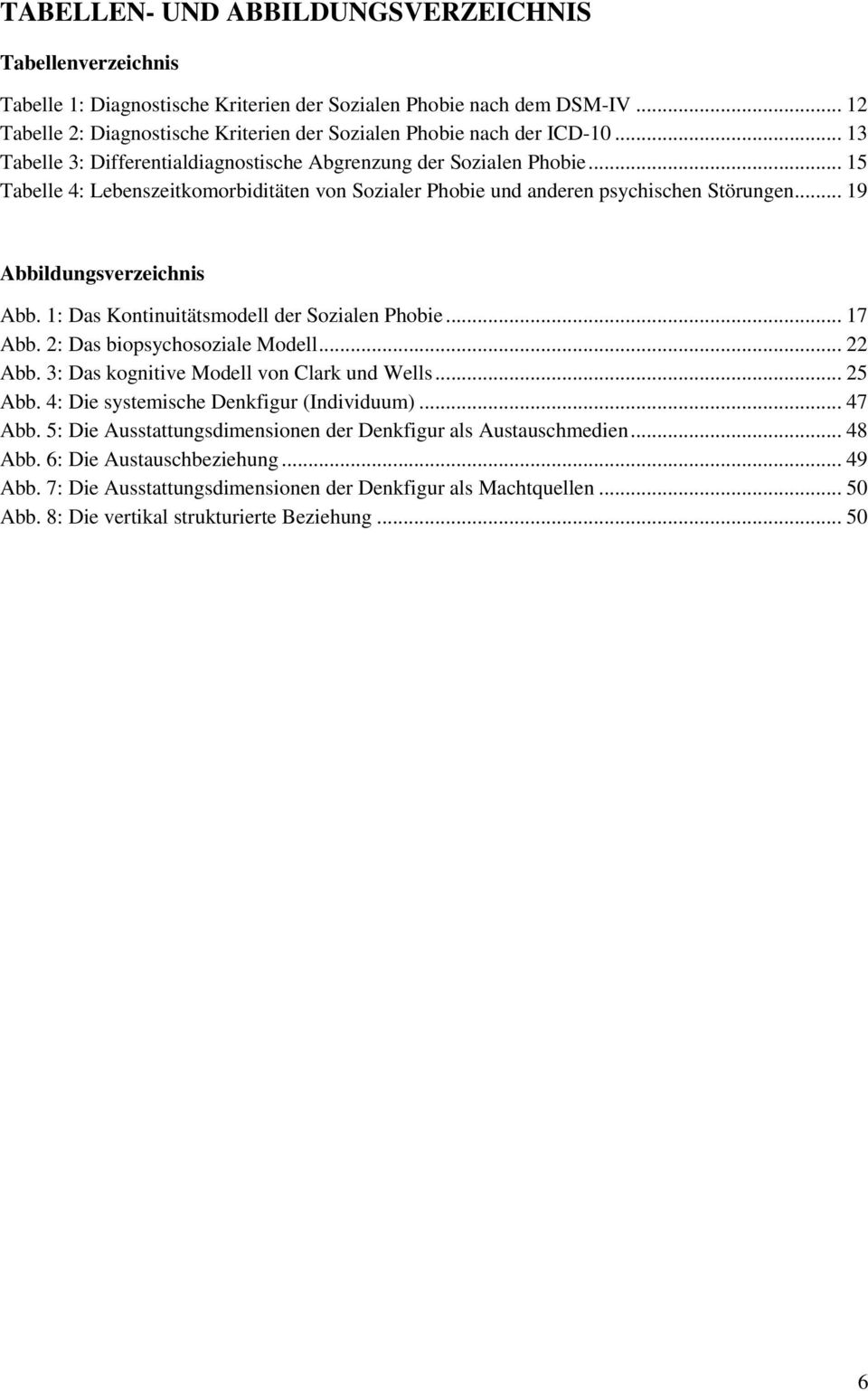 .. 15 Tabelle 4: Lebenszeitkomorbiditäten von Sozialer Phobie und anderen psychischen Störungen... 19 Abbildungsverzeichnis Abb. 1: Das Kontinuitätsmodell der Sozialen Phobie... 17 Abb.