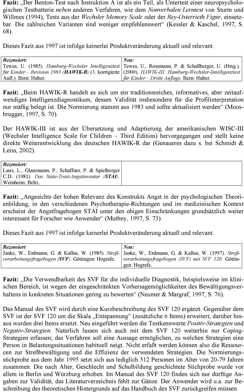 Hamburg-Wechsler Intelligenztest für Kinder Revision 1983 (HAWIK-R) (3. korrigierte Aufl.). Bern: Huber. Tewes, U., Rossmann, P. & Schallberger, U. (Hrsg.). (2000). HAWIK-III.