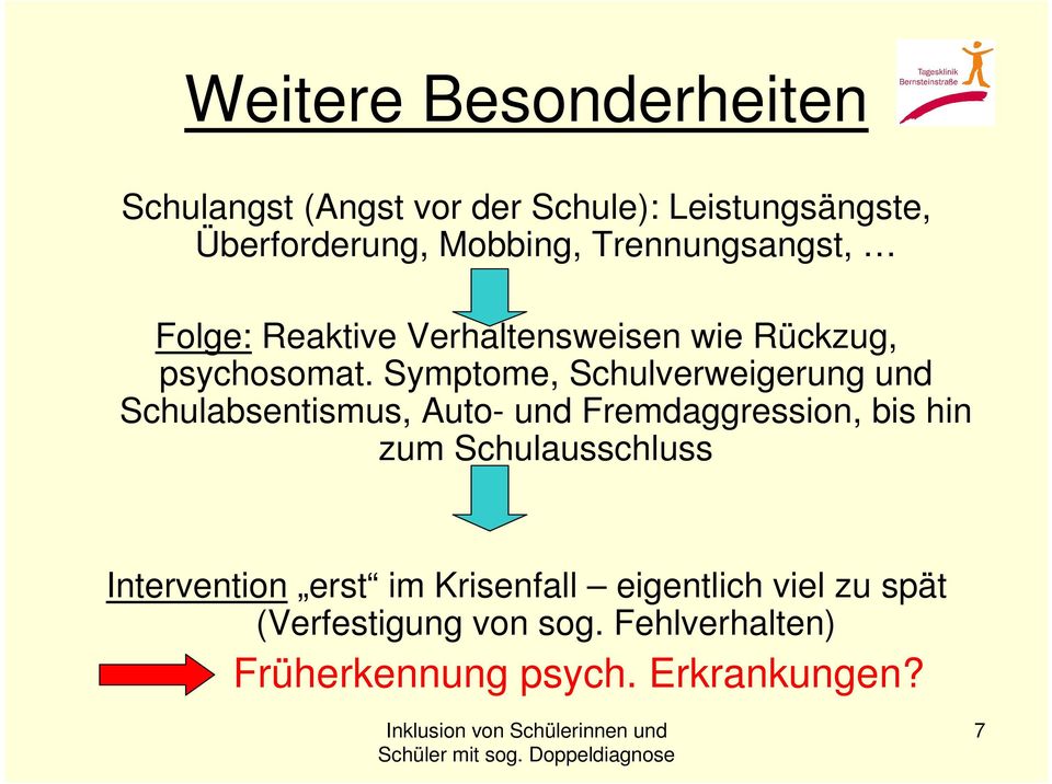 Symptome, Schulverweigerung und Schulabsentismus, Auto- und Fremdaggression, bis hin zum