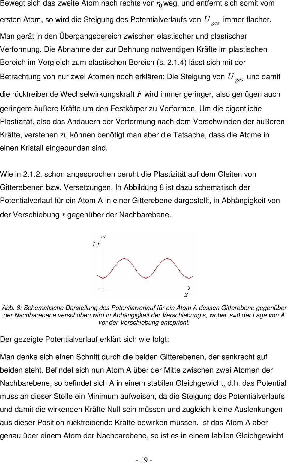 4) lässt sich mit der Betrachtung von nur zwei Atomen noch erklären: Die Steigung von U ges und damit die rücktreibende Wechselwirkungskraft F wird immer geringer, also genügen auch geringere äußere