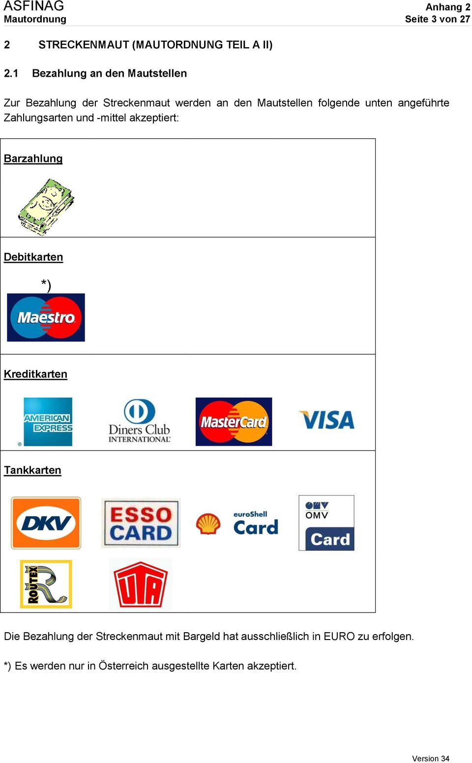 unten angeführte Zahlungsarten und -mittel akzeptiert: Barzahlung Debitkarten *) Kreditkarten Die