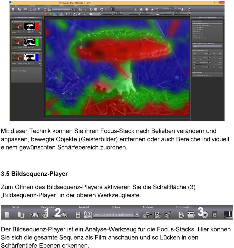 5 Bildsequenz-Player Zum Öffnen des Bildsequenz-Players aktivieren Sie die Schaltfläche (3) Bildsequenz-Player in der oberen