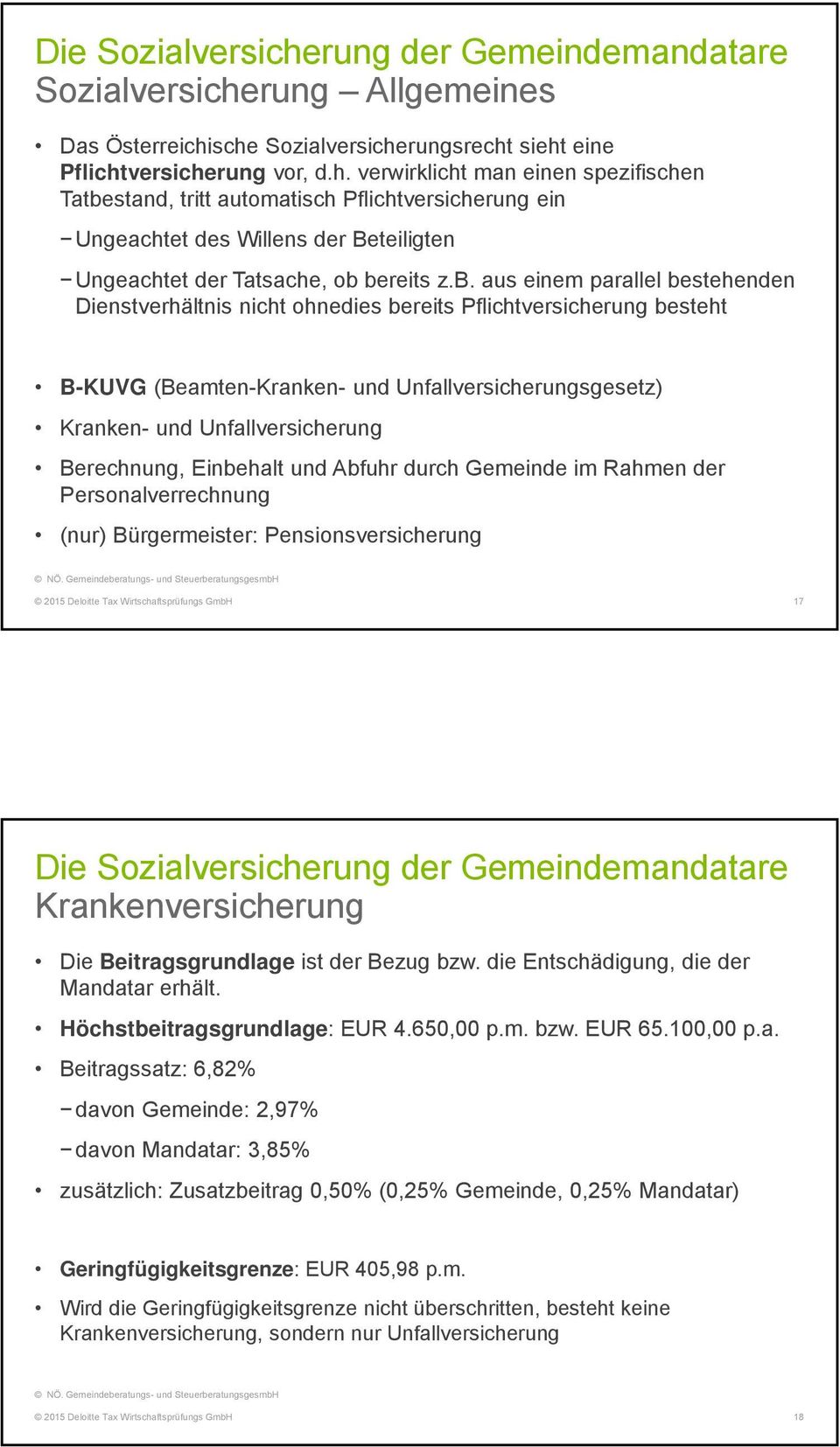 Berechnung, Einbehalt und Abfuhr durch Gemeinde im Rahmen der Personalverrechnung (nur) Bürgermeister: Pensionsversicherung 2015 Deloitte Tax Wirtschaftsprüfungs GmbH 17 Die Sozialversicherung der