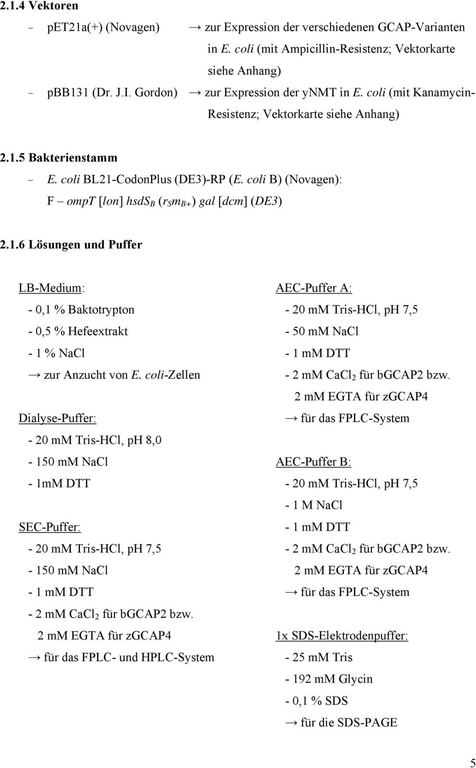 coli B) (Novagen): F ompt [lon] hsds B (r S m B+ ) gal [dcm] (DE3) 2.1.6 Lösungen und Puffer LB-Medium: - 0,1 % Baktotrypton - 0,5 % Hefeextrakt - 1 % NaCl zur Anzucht von E.