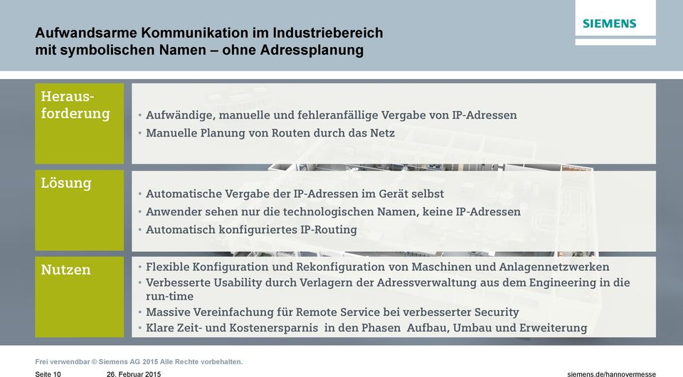 Automatisch konfiguriertes IP-Routing Nutzen Flexible Konfiguration und Rekonfiguration von Maschinen und Anlagennetzwerken Verbesserte Usability durch Verlagern der