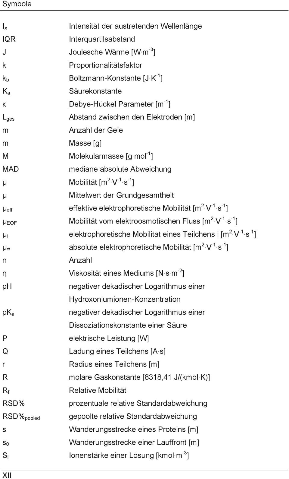 Grundgesamtheit µ eff effektive elektrophoretische Mobilität [m V -1 s -1 ] μ EOF Mobilität vom elektroosmotischen Fluss [m V -1 s -1 ] µ i elektrophoretische Mobilität eines Teilchens i [m V -1 s -1