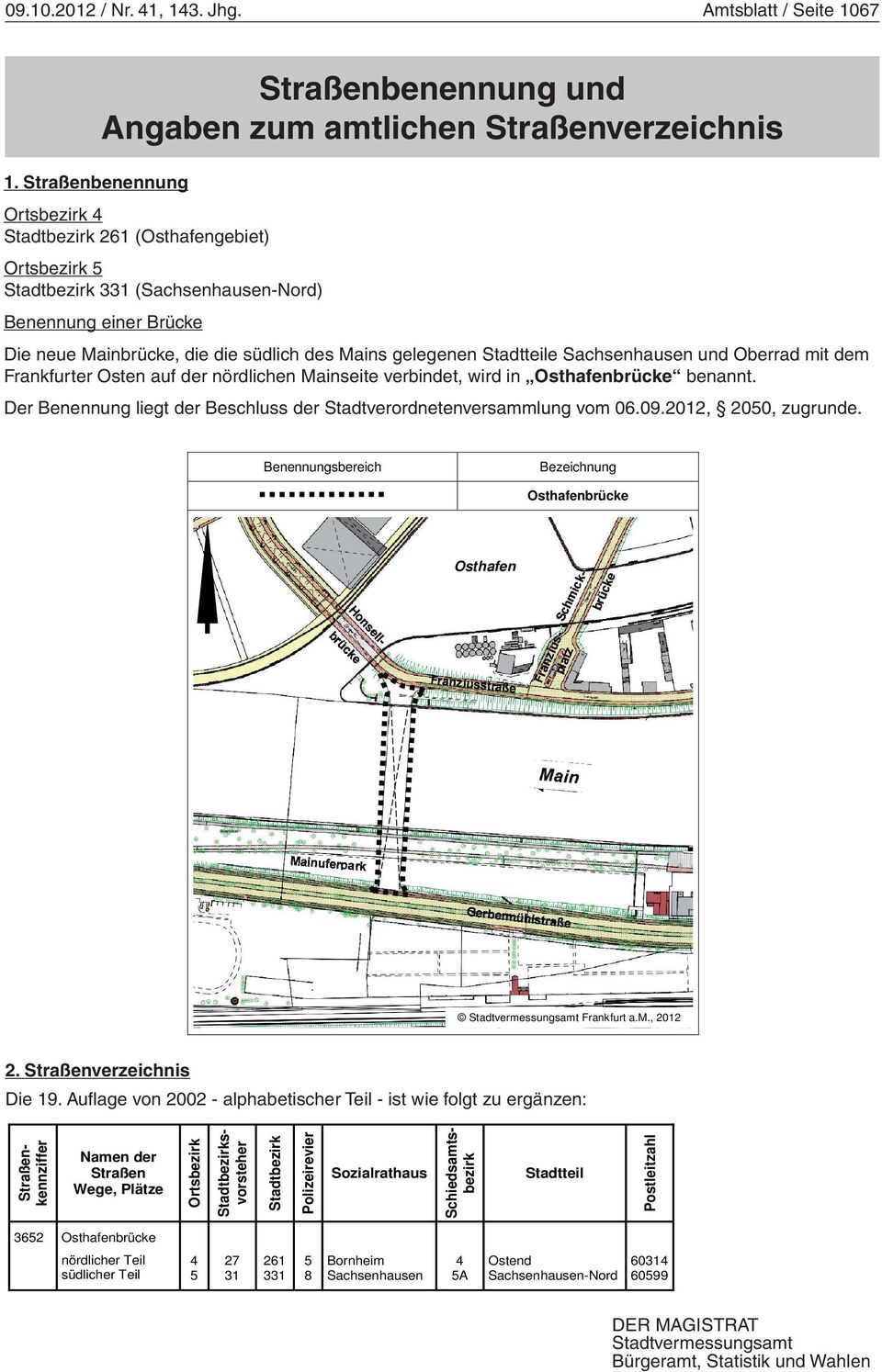 (Osthafengebiet) Ortsbezirk 5 Stadtbezirk 331 (Sachsenhausen-Nord) Stadtbezirk 331 (Sachsenhausen-Nord) Benennung einer Brücke Benennung einer Brücke Die neue Mainbrücke, die die südlich Mains