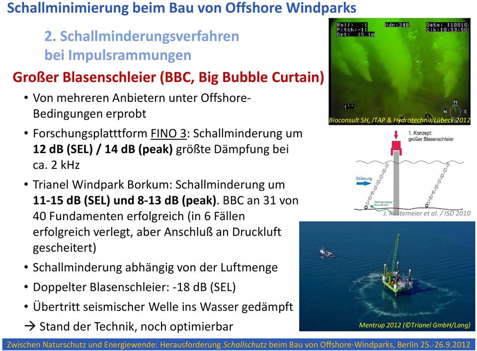 BBC an 31 von 40 Fundamenten erfolgreich(in 6 Fällen erfolgreich verlegt, aber Anschluß an Druckluft gescheitert) Schallminderung abhängig von der Luftmenge Doppelter