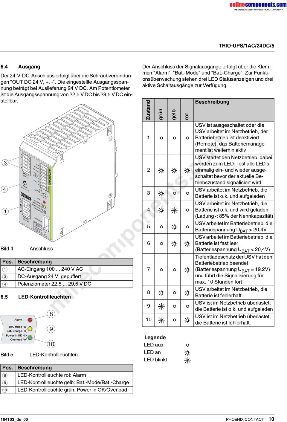 .. 29,5 V DC 6.5 ED-Kontrollleuchten Bild 5 N () (-) Output DC 24V 5A Adjust 22.5-29.5 V Input AC 0-240 V Alarm Bat.- Mode Bat.- Charge Remote R1 Remote R2 OFF ON Battery t max min Alarm Bat.