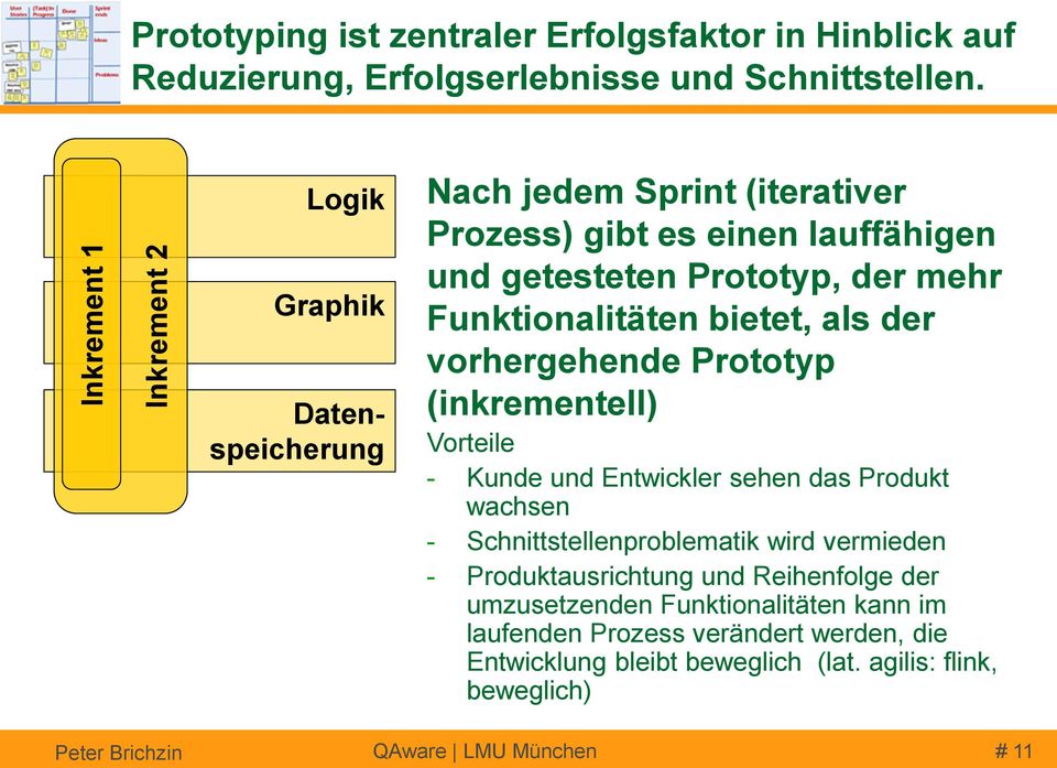 als der vorhergehende Prototyp (inkrementell) Vorteile - Kunde und Entwickler sehen das Produkt wachsen - Schnittstellenproblematik wird vermieden -