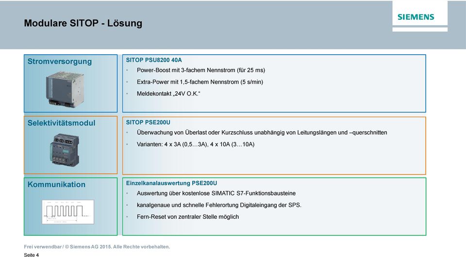 Selektivitätsmodul SITOP PSE200U Überwachung von Überlast oder Kurzschluss unabhängig von Leitungslängen und querschnitten Varianten: 4 x