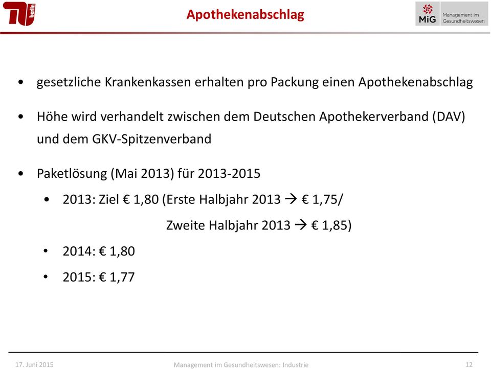 (DAV) und dem GKV-Spitzenverband Paketlösung (Mai 2013) für 2013-2015 2013: